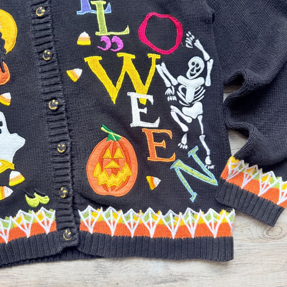 Vintage Halloween Sweater Cardigan Small 2001 Tiara International Ghost Pumpkin - Picture 12 of 13